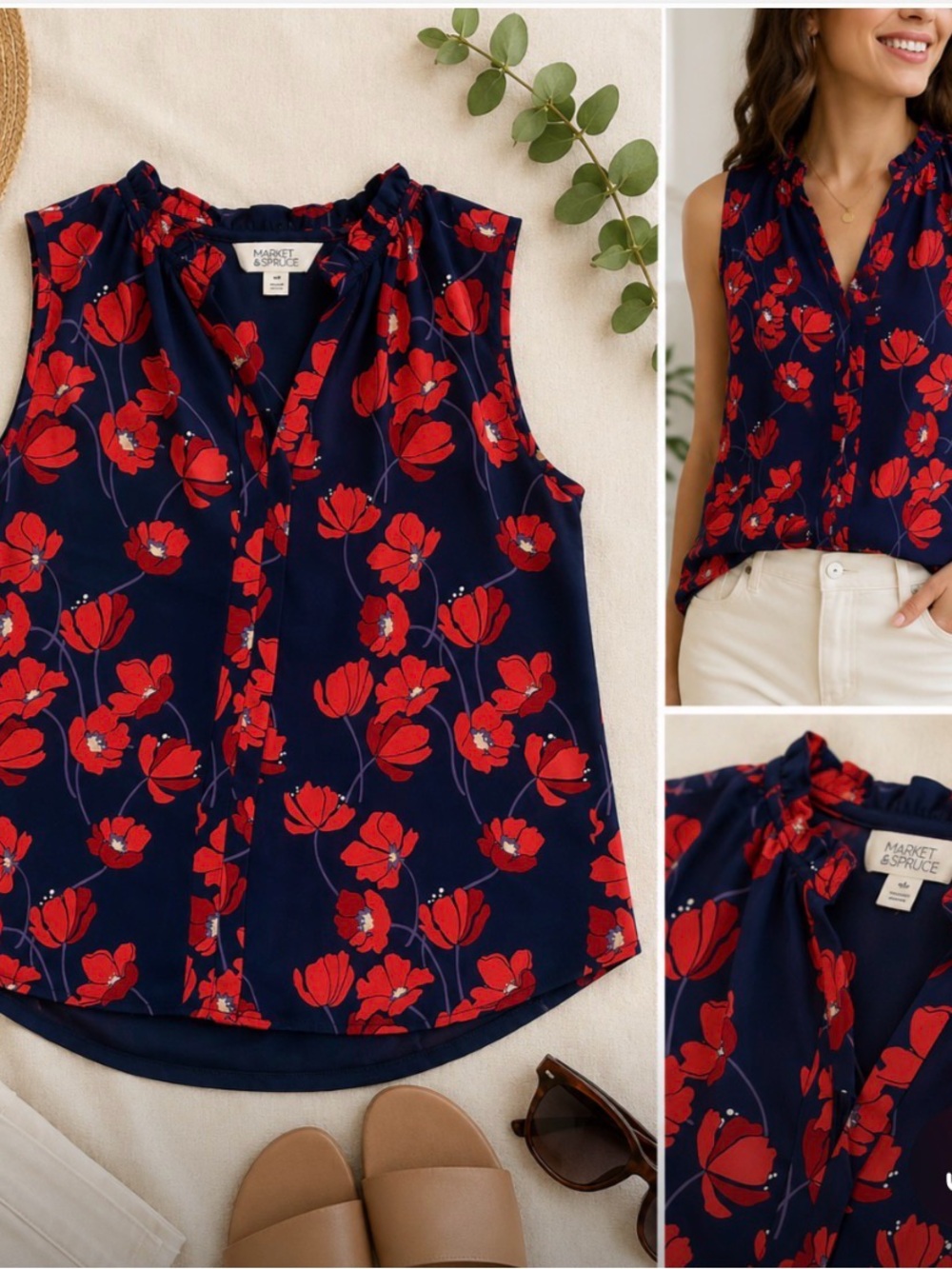 Market & Spruce Navy Sleeveless V-Neck Shell with Red Floral Poppies